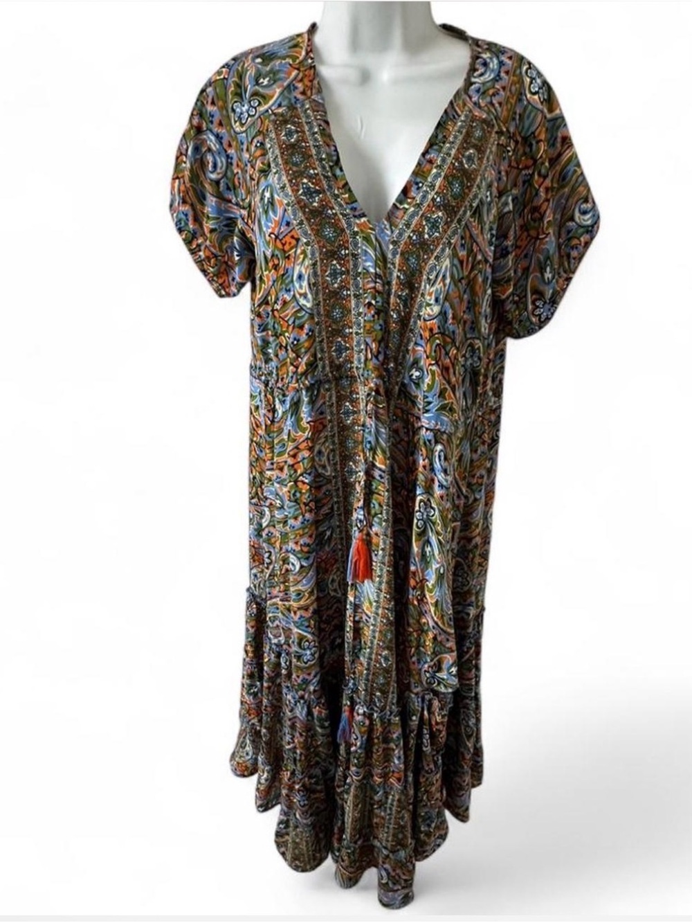 V-Neck Paisley Maxi‎ Tunic Dress - Multicolor